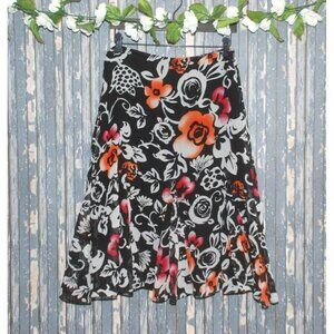 Chicos Black Floral Silk Skirt Size 1 M A-Line Flared Lined Hip Zipper Midi